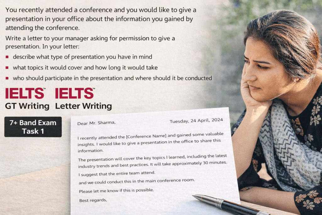 IELTS General Training Letter: Requesting Manager for Permission to Give a Presentation (Band 7 Sample)